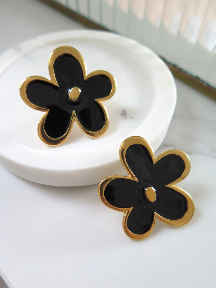 Gold Plated Black Flower Earrings