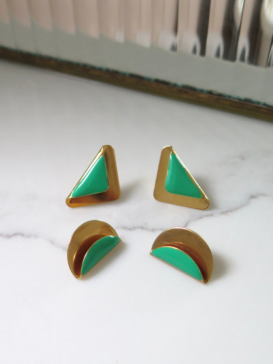 Gold Plated & Green Geometric Studs