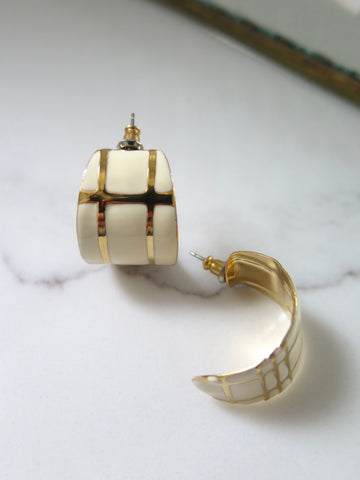 Gold Plated & Cream Resin Patterned Half Hoops
