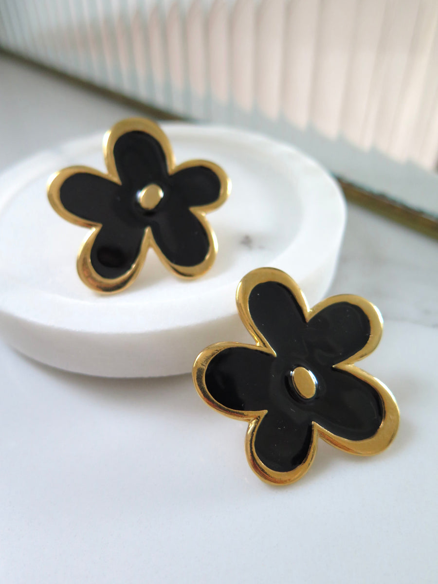 Gold Plated Black Flower Earrings