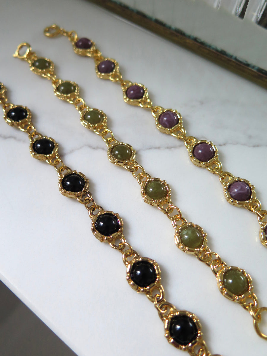 Gold Plated Jewelled Bracelet - Green, Purple or Black