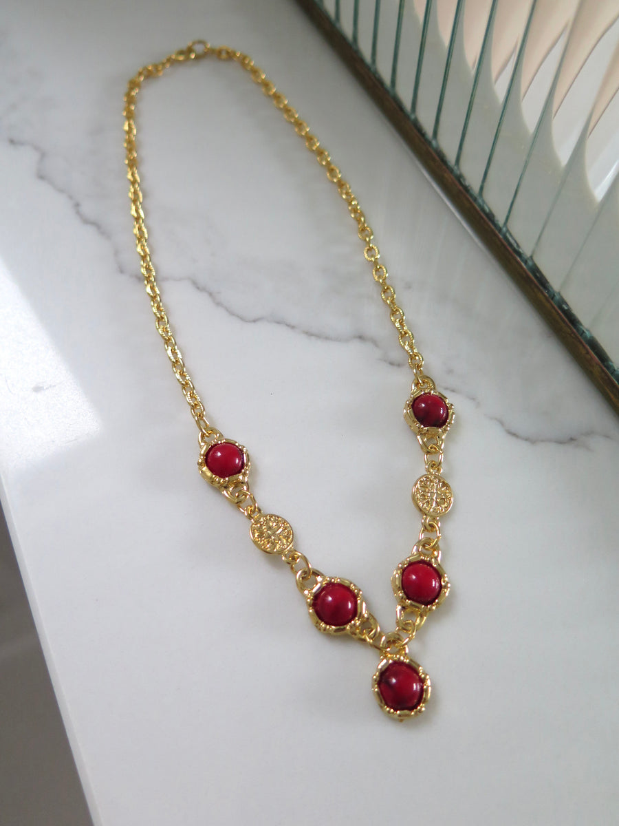 Gold Plated Red Jewel Necklace - 16