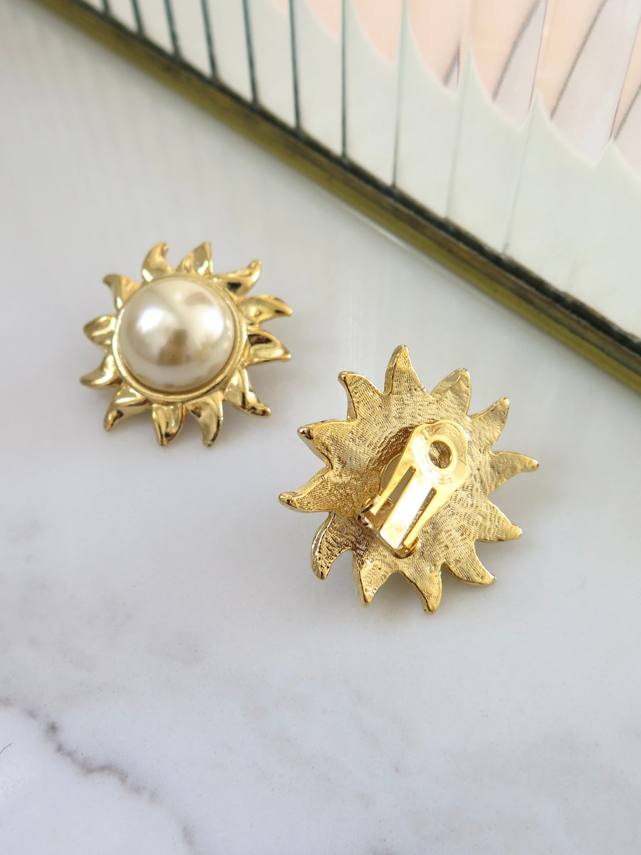 Gold Plated Flower Pearl Clip-on Earrings