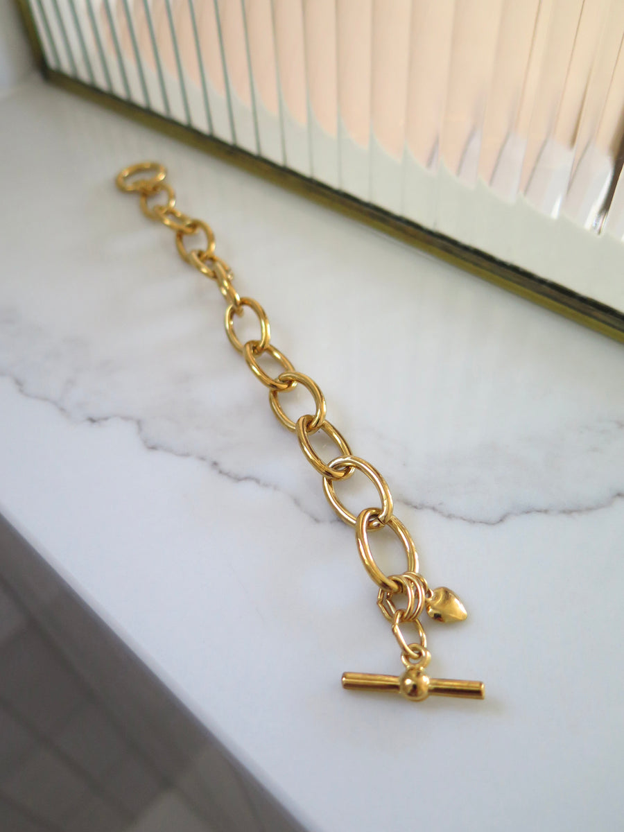 Gold Plated Chunky T-Bar & Heart Bracelet