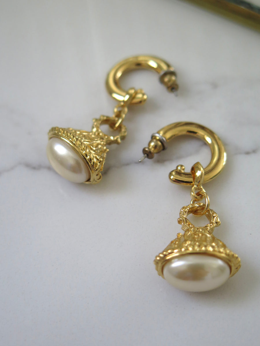 Gold Plated Decadent Pearl Charm Hoops