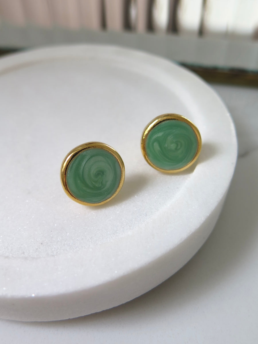 Gold Plated Marble Studs - Green & Cream