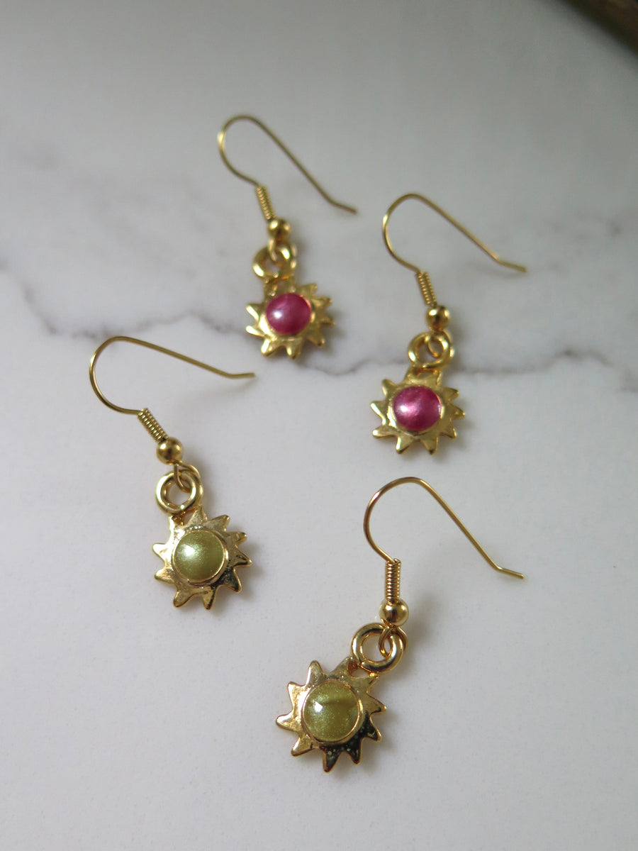 Gold Plated Sun Drop Earrings - Green & Purple