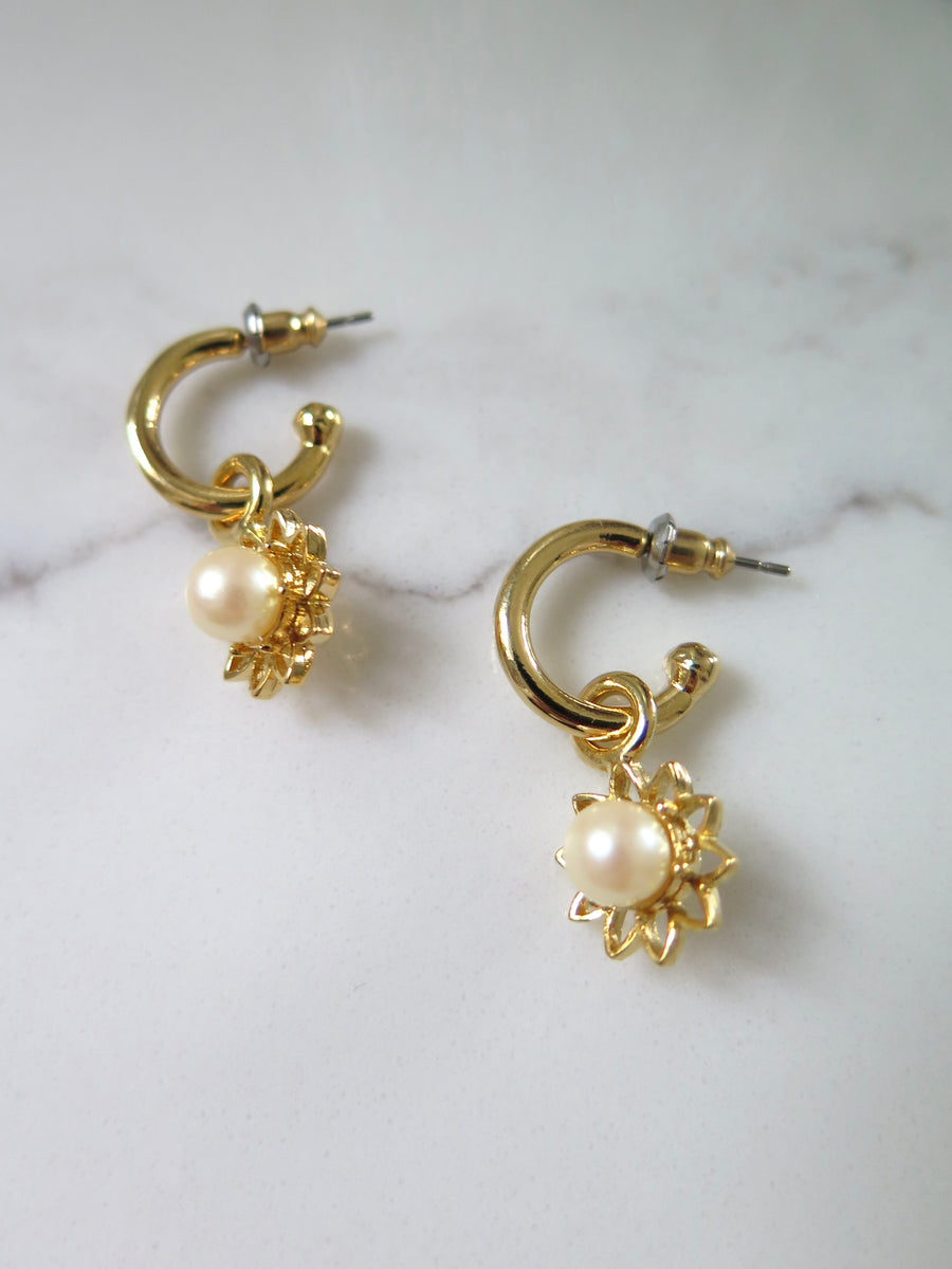 Gold Plated Flower Charm Half Hoops
