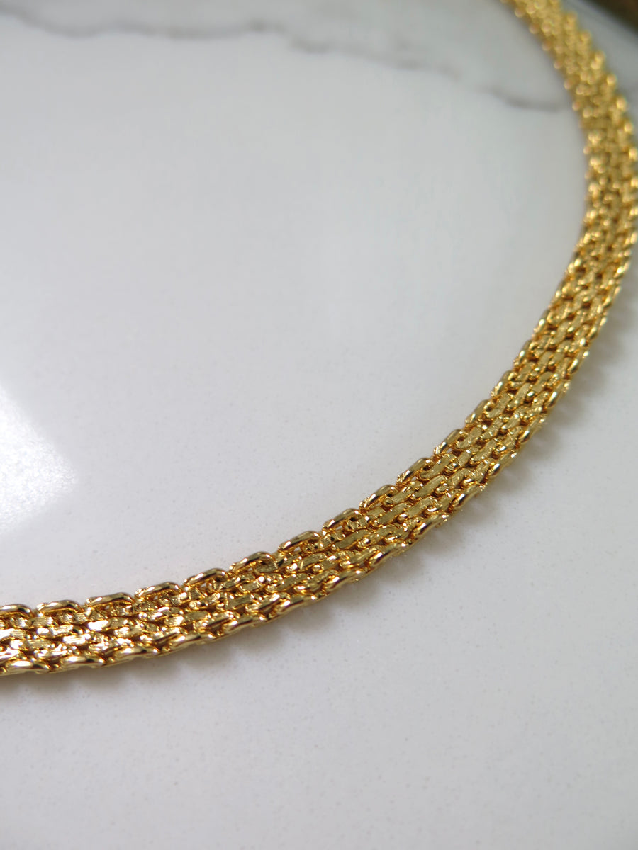 Gold Plated Detailed Flat Chain Necklace - 15