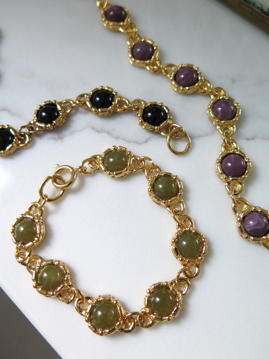 Gold Plated Jewelled Bracelet - Green, Purple or Black