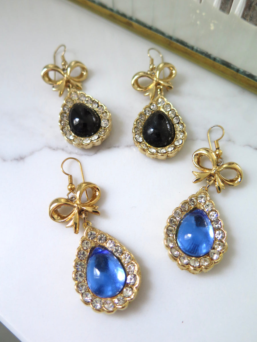 Gold Plated Ribbon & Diamante Drop Earrings