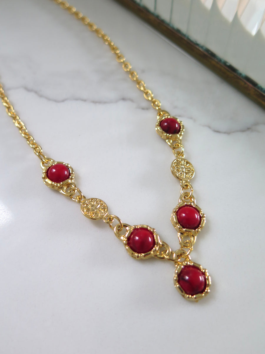 Gold Plated Red Jewel Necklace - 16