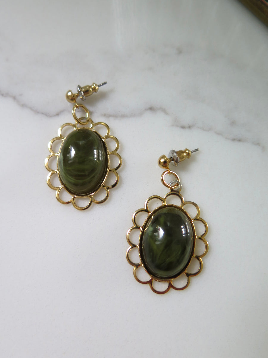 Gold Plated Flower Marble Resin Earrings - Green, Brown & Cream