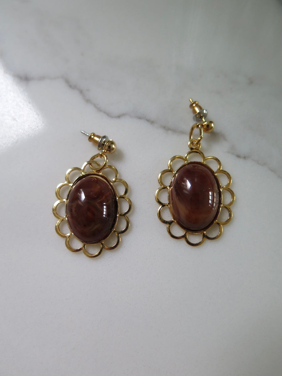 Gold Plated Flower Marble Resin Earrings - Green, Brown & Cream