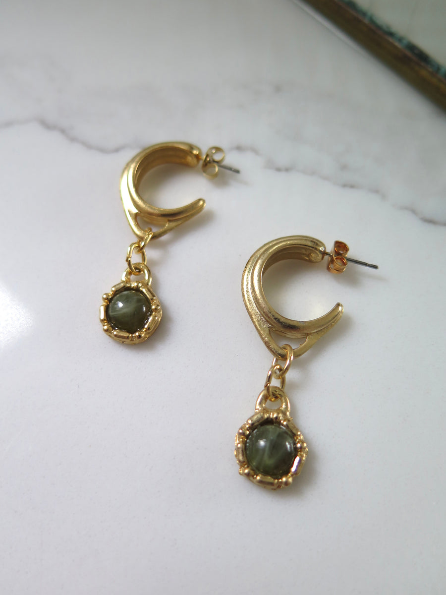 Gold Plated Green Charm Half Hoops