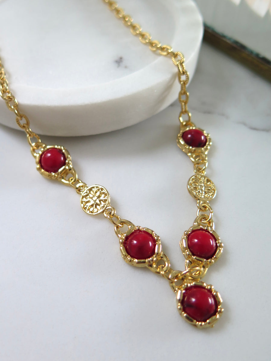 Gold Plated Red Jewel Necklace - 16
