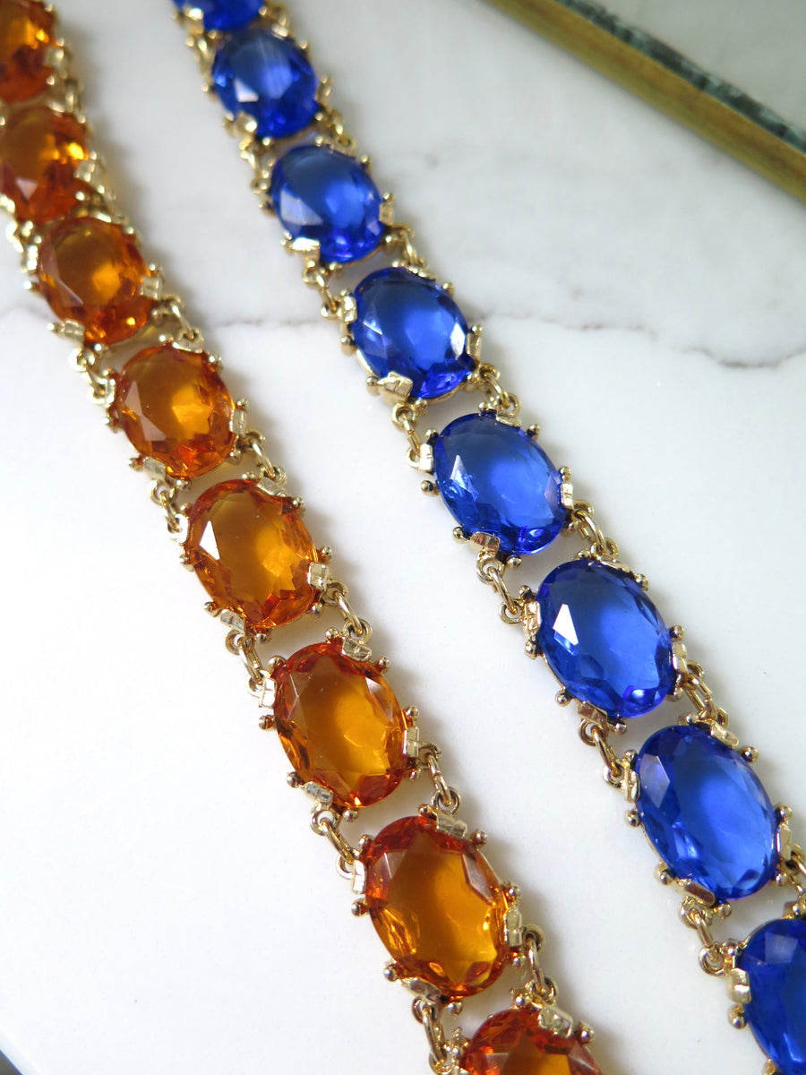 Gold Plated Glass Stone Bracelet - Blue & Amber