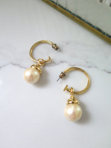 Gold Plated Drop Pearl Half Hoops