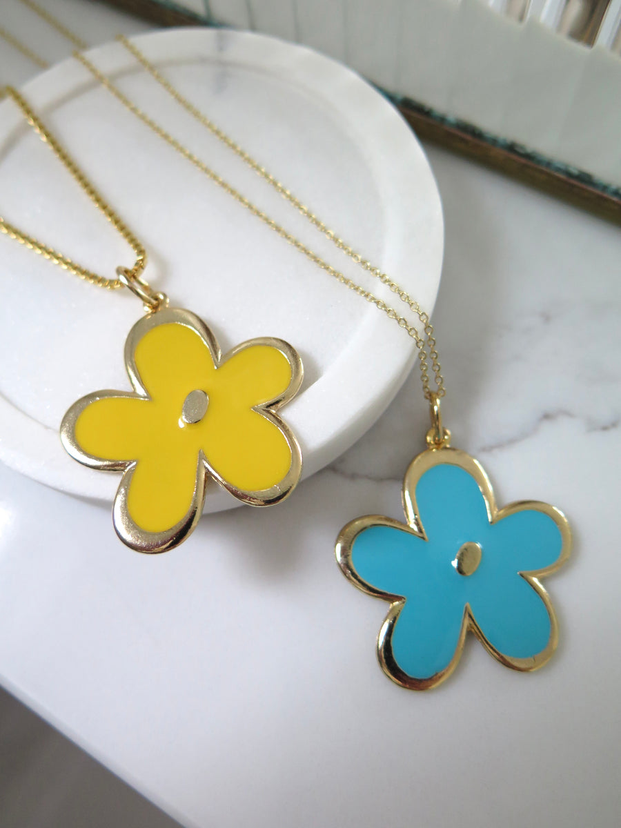 Gold Plated Flower Pendant - Turquoise or Yellow