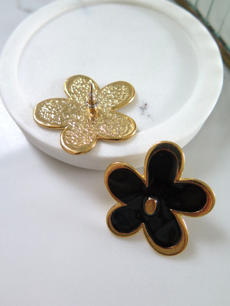 Gold Plated Black Flower Earrings