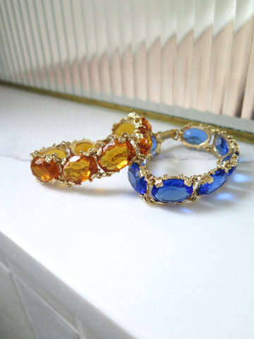 Gold Plated Glass Stone Bracelet - Blue & Amber