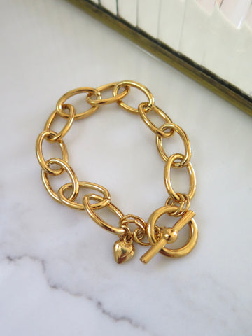 Gold Plated Chunky T-Bar & Heart Bracelet