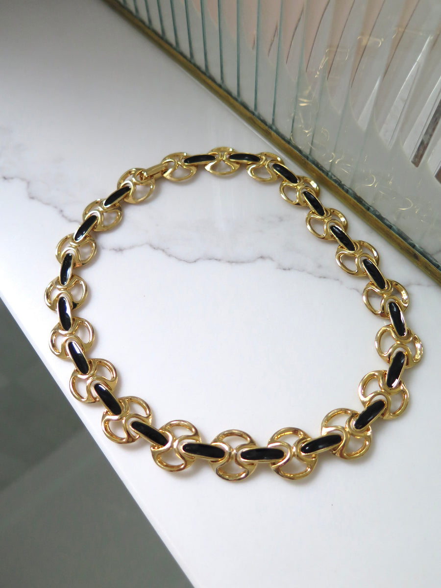 Gold Plated Black Enamel Necklace - 16